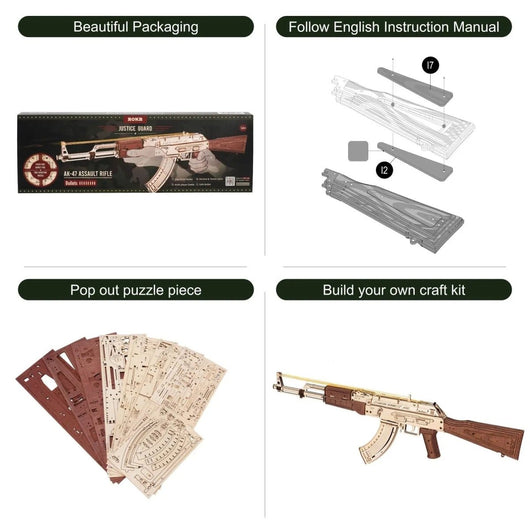 AK - 47 Assault Rifle Gun Wooden Replica Rubber Band Gun Model Kit, Toys Gift for Children - AxenBox