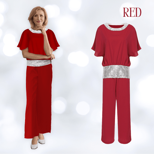 Sequin Elegant Two - piece Set Pantsuit Batwing Sleeve Women Blouse - AxenBox