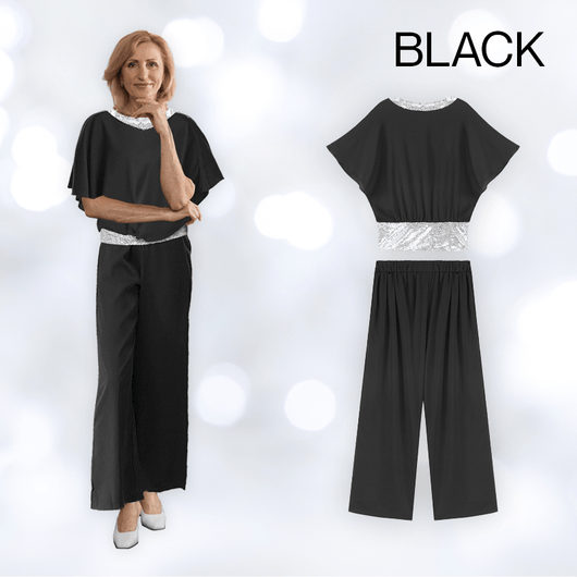 Sequin Elegant Two - piece Set Pantsuit Batwing Sleeve Women Blouse - AxenBox