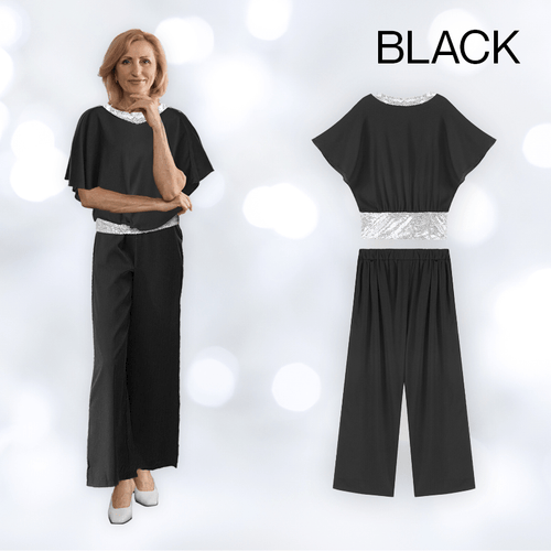 Elegantes Pailletten-Zweiteiler-Set: Hosenanzug mit Fledermausärmeln und Bluse für Damen 