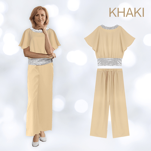 Elegantes Pailletten-Zweiteiler-Set: Hosenanzug mit Fledermausärmeln und Bluse für Damen 