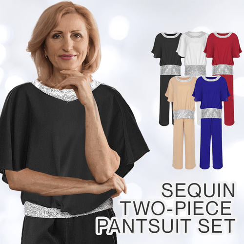 Elegantes Pailletten-Zweiteiler-Set: Hosenanzug mit Fledermausärmeln und Bluse für Damen 