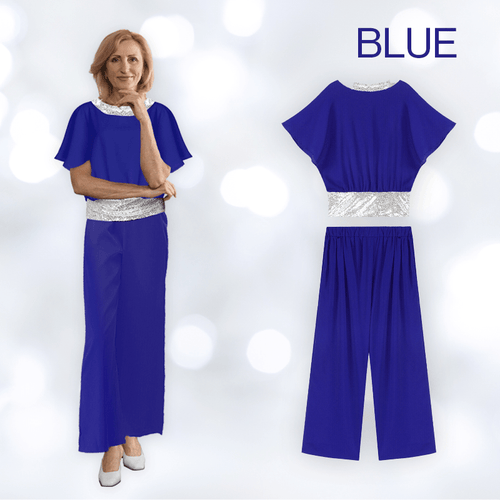 Elegantes Pailletten-Zweiteiler-Set: Hosenanzug mit Fledermausärmeln und Bluse für Damen 
