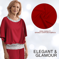 Sequin Elegant Two - piece Set Pantsuit Batwing Sleeve Women Blouse - AxenBox